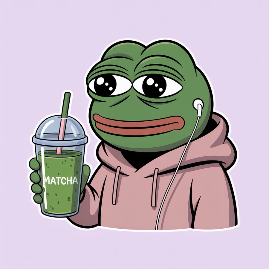 Pepe the Frog as a chibi zoomer, drowning in an oversized pastel hoodie, one wired earbud in, too tired for it